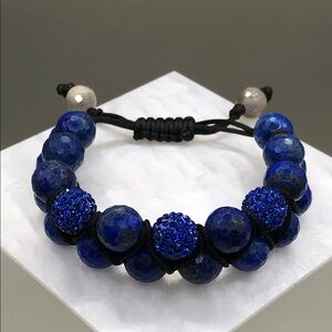 Lapis Lazuli Disco Ball Crystals Adjustable Bracelet Boho Unisex Double Row Boho